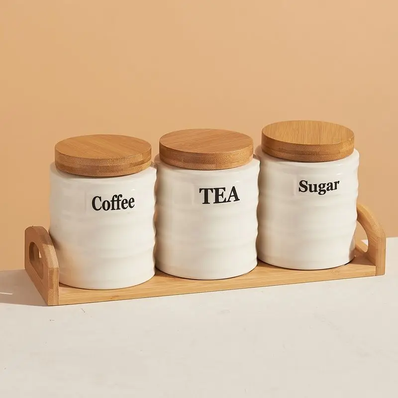 Coffee Tea And Sugar Set - 3-teiliges Set aus Keramik-Vorratsgläsern mit Bambusdeckel