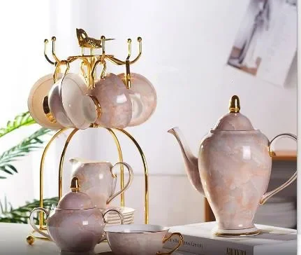 Coffee Tea Sugar - Marmor-Kaffeeservice aus Knochenporzellan, marmorierte Porzellan-Teekanne, Tasse,